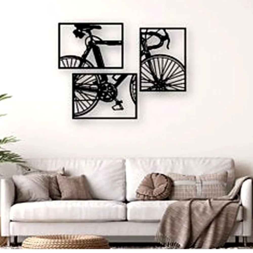 Brand New Set Of 3 Pcs MDF Modern Black Bicycle Wall Art Decor